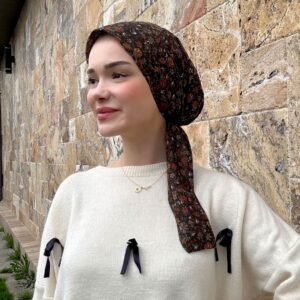 Haki Kahve Çiçekli Tülbent Eşarp Bone