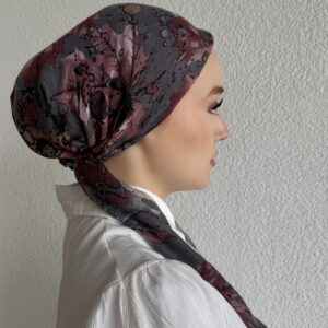 Antrasit Bordo Yaprak Desen Tülbent Eşarp Bone