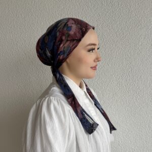 Lacivert Bordo Yaprak Desen Tülbent Eşarp Bone